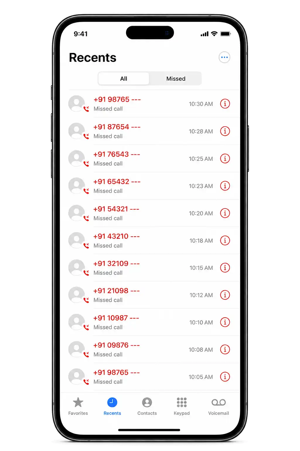 Call history displayed on a smartphone